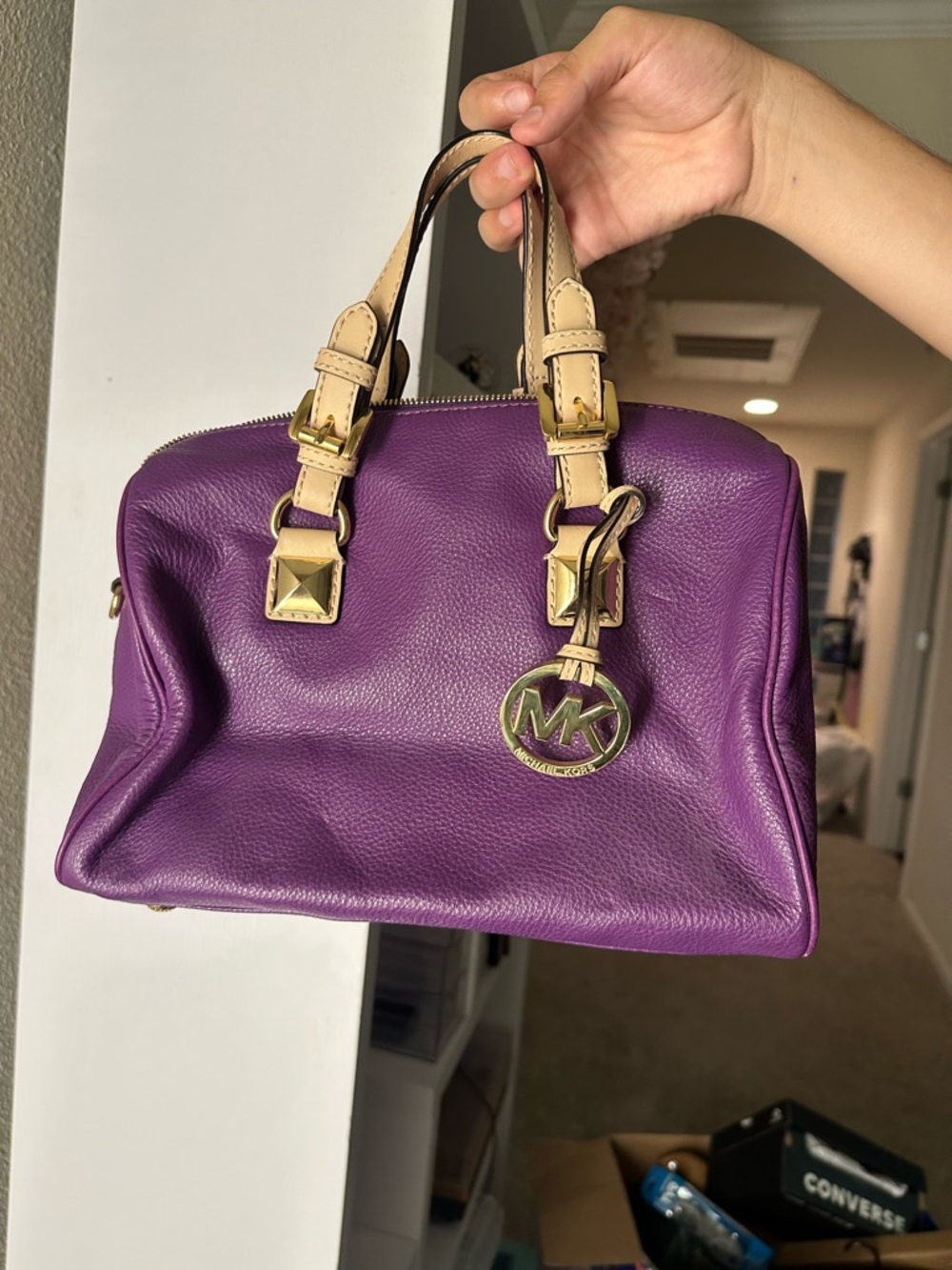 Michael Kors Violet Leather Satchel with Beige Handles